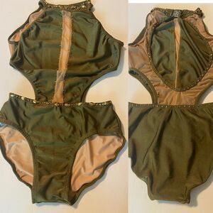 Couture Costume solo custom dance leotard embellished green gold rhinestone SA